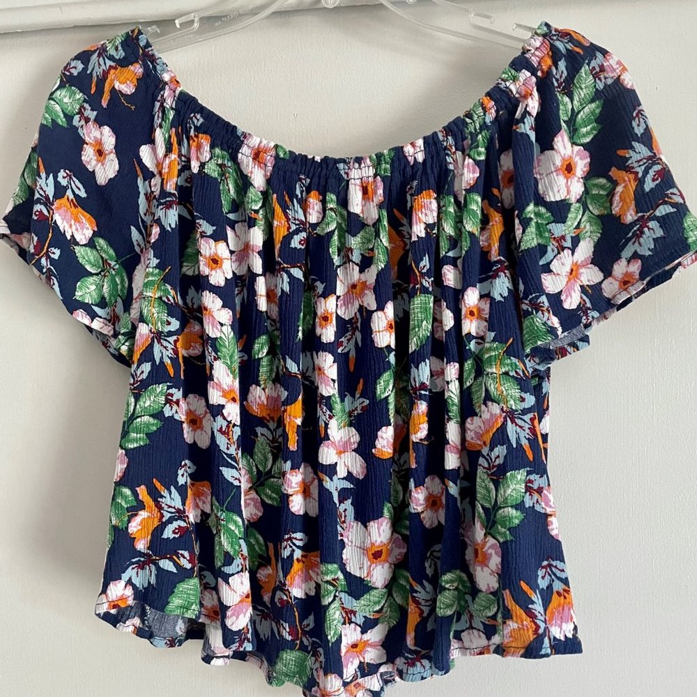 Sophie Rue Blue Floral Flutter Sleeve Off The Shoulder Crop Top Boho Blouse L